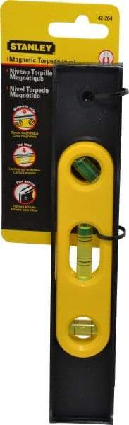 Stanley - Magnetic 9" Long 3 Vial Torpedo Level - ABS Plastic, Black/Yellow, 1 45°, 1 Level & 1 Plumb Vials - Benchmark Tooling