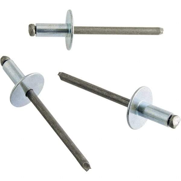 STANLEY Engineered Fastening - Size 4 Large Flange Head Steel Open End Blind Rivet - Steel Mandrel, 0.188" to 1/4" Grip, 1/8" Head Diam, 0.129" to 0.133" Hole Diam, 0.078" Body Diam - Benchmark Tooling