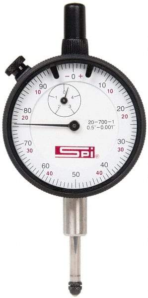 SPI - 1/2" Range, 0-100, 0-50-0 Dial Reading, 0.001" Graduation Dial Drop Indicator - 2-1/4" Dial, 0.1" Range per Revolution, Revolution Counter, Includes NPL Traceability Certification - Benchmark Tooling