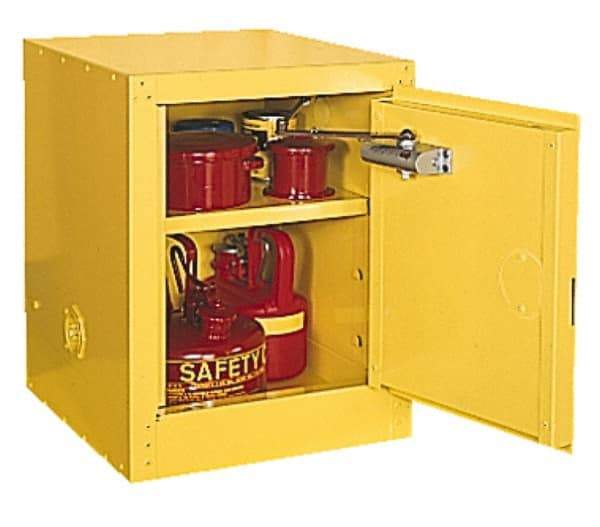 Eagle - 1 Door, 1 Shelf, Yellow Steel Space Saver Safety Cabinet for Flammable and Combustible Liquids - 44" High x 23" Wide x 18" Deep, Manual Closing Door, 3 Point Key Lock, 16 Gal Capacity - Benchmark Tooling