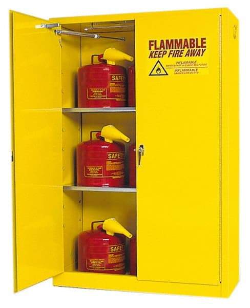 Eagle - 2 Door, 2 Shelf, Yellow Steel Standard Safety Cabinet for Flammable and Combustible Liquids - 65" High x 43" Wide x 18" Deep, Self Closing Door, 3 Point Key Lock, 45 Gal Capacity - Benchmark Tooling