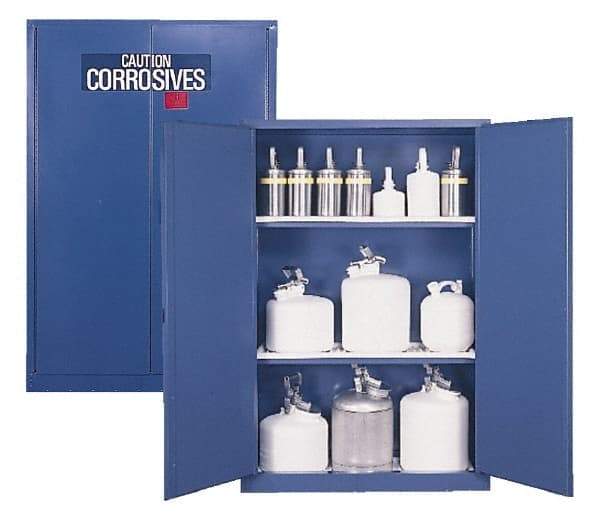 Eagle - 2 Door, 2 Shelf, Blue Steel Standard Safety Cabinet for Corrosive Chemicals - 65" High x 43" Wide x 18" Deep, Manual Closing Door, 3 Point Key Lock, 45 Gal Capacity - Benchmark Tooling