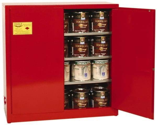 Eagle - 2 Door, 3 Shelf, Red Steel Standard Safety Cabinet for Flammable and Combustible Liquids - 44" High x 43" Wide x 18" Deep, Manual Closing Door, 3 Point Key Lock, 40 Gal Capacity - Benchmark Tooling