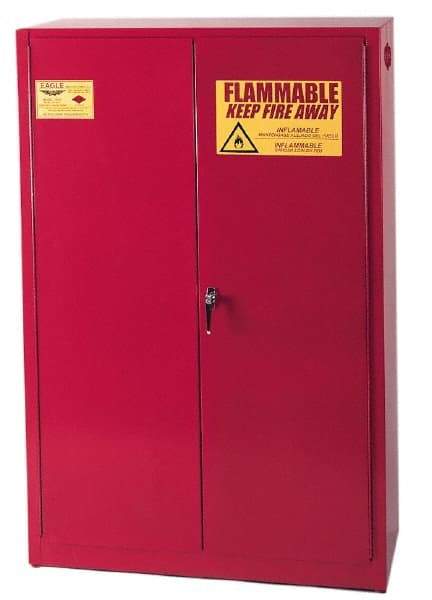 Eagle - 2 Door, 5 Shelf, Red Steel Standard Safety Cabinet for Flammable and Combustible Liquids - 65" High x 43" Wide x 18" Deep, Manual Closing Door, 3 Point Key Lock, 60 Gal Capacity - Benchmark Tooling