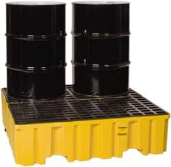 Eagle - 120 Gal Sump, 4,000 Lb Capacity, 4 Drum, Polyethylene Spill Deck or Pallet - 51-1/2" Long x 52.4" Wide x 13-3/4" High, Yellow, Liftable Fork, Drain Included, Vertical, 2 x 2 Drum Configuration - Benchmark Tooling