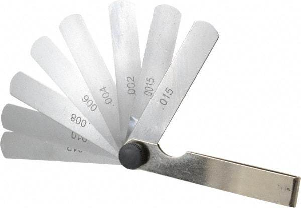 Value Collection - 9 Piece, 0.0015 to 0.015" Thick, Parallel Feeler Gage Set - 3" Leaf Length, 1/2" Wide, Tempered Steel - Benchmark Tooling