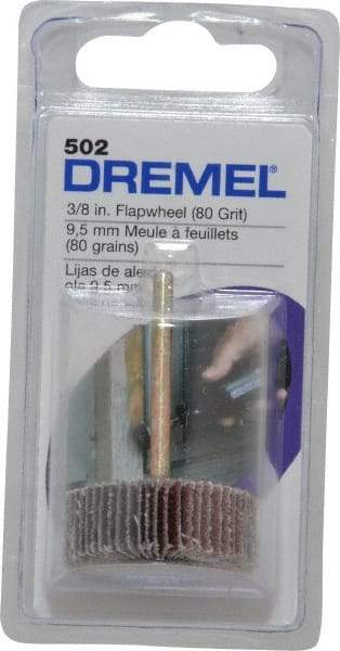 Dremel - 3/8" Diam, Medium Aluminum Oxide Coated Mounted Flap Wheel - 1/8" Shank Mount, 80 Grit - Benchmark Tooling