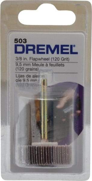 Dremel - 3/8" Diam, Fine Aluminum Oxide Coated Mounted Flap Wheel - 1/8" Shank Mount, 120 Grit - Benchmark Tooling