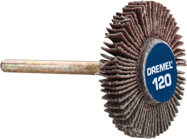 Dremel - 3/16" Diam, Fine Aluminum Oxide Coated Mounted Flap Wheel - 1/8" Shank Mount, 120 Grit - Benchmark Tooling