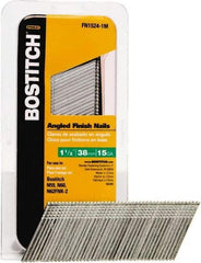 Stanley Bostitch - 15 Gauge 0.07" Shank Diam 1-1/2" Long Finishing Nails for Power Nailers - Steel, Bright Finish, Smooth Shank, Angled Stick Adhesive Collation, Round Head, Chisel Point - Benchmark Tooling