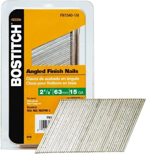 Stanley Bostitch - 15 Gauge 0.07" Shank Diam 2-1/2" Long Finishing Nails for Power Nailers - Steel, Bright Finish, Smooth Shank, Angled Stick Adhesive Collation, Round Head, Chisel Point - Benchmark Tooling