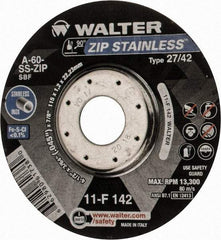 WALTER Surface Technologies - 60 Grit, 4-1/2" Wheel Diam, 3/64" Wheel Thickness, 7/8" Arbor Hole, Type 27 Depressed Center Wheel - Aluminum Oxide, Resinoid Bond, 13,300 Max RPM - Benchmark Tooling