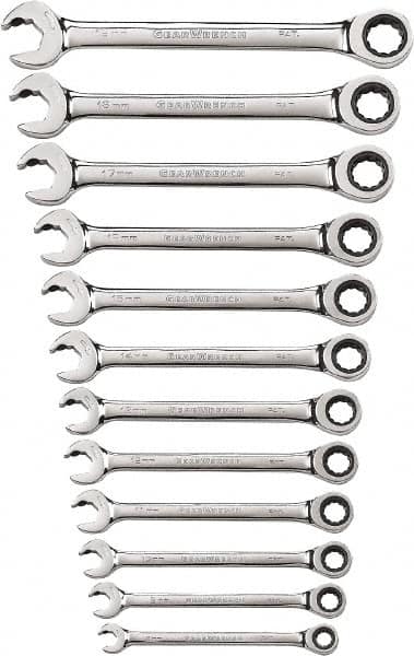 GearWrench - 12 Piece, 8mm to 19mm, 12 Point Ratcheting Combination Wrench Set - Metric Measurement Standard, Chrome Finish - Benchmark Tooling