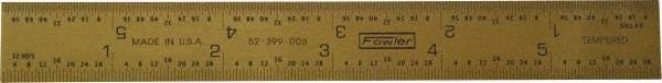 Fowler - 6" Long, 1/64, 1/32" and 0.5, 1mm Graduation, Rigid Steel Rule - English/Metric Graduation Style, 1/2" Wide, Yellow, Titanium Finish - Benchmark Tooling