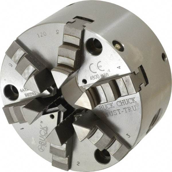 Buck Chuck Company - 6 Jaws, 5" Diam, Self Centering Manual Lathe Chuck - Front Mount, Adjustable, 4,125 Max RPM, 1.28" Through Hole Diam, Forged Steel - Benchmark Tooling