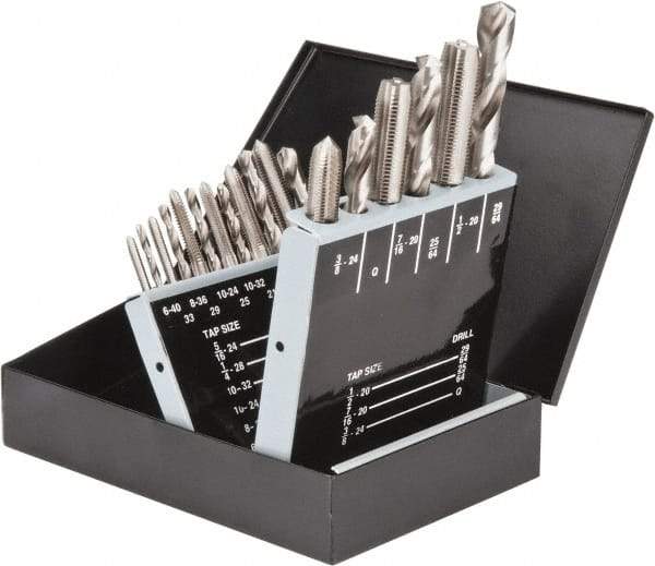 Interstate - #33, #29, #25, #21, #3 Drill, I to Q Drill, #6-40 to 1/2-20 Tap, Hand Tap and Drill Set - Bright Finish High Speed Steel Drills, Bright Finish High Speed Steel Taps, Plug Chamfer, 18 Piece Set - Exact Industrial Supply