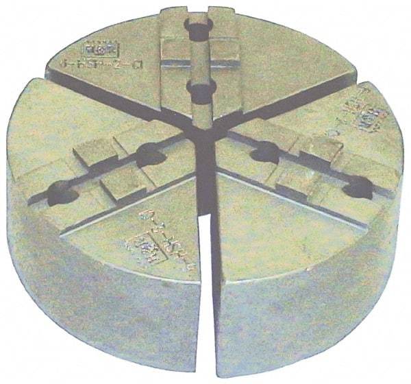 H & R Manufacturing - 10" Chuck Capacity, Tongue & Groove Attachment, Round Soft Lathe Chuck Jaw - 3 Jaws, Cast Iron, 2-1/8" Btw Mount Hole Ctrs, 5" Long x 10" Wide x 2" High, 1/2" Groove - Benchmark Tooling