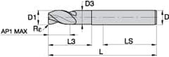 Kennametal - 0.472", 3 Flute, Single End, Solid Carbide, Corner Radius End Mill - 84mm OAL, 45° Helix, Right Hand Flute, 18mm LOC, Right Hand Cut, 36mm Extended Reach - Benchmark Tooling