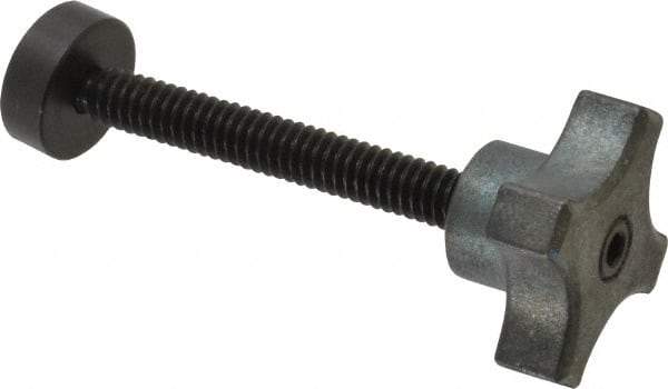 Made in USA - 1/4-20 Lobed Shoulder Swivel Pad Tip Steel Thumb Screw - 2-9/16" OAL, 1-1/8" Head Diam x 5/8" Head Height, Black Oxide Finish - Benchmark Tooling