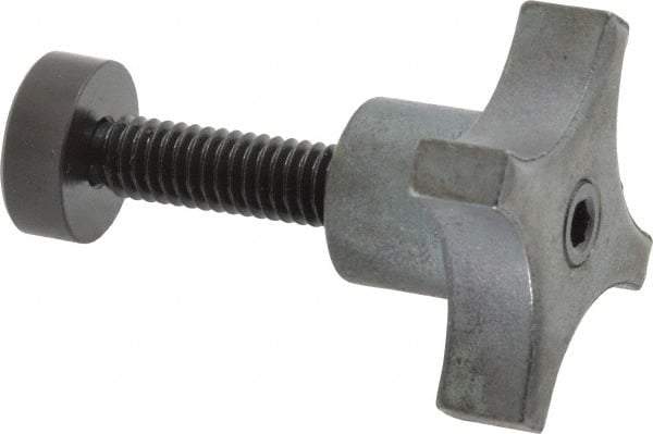Made in USA - 5/16-18 Lobed Shoulder Swivel Pad Tip Steel Thumb Screw - 2-1/8" OAL, 1-1/2" Head Diam x 7/8" Head Height, Black Oxide Finish - Benchmark Tooling
