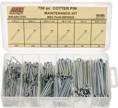 Value Collection - 750 Piece, 1/16 to 5/32" Pin Diam, Cotter Pin Assortment - 1 to 2-1/2" Long, Steel - Benchmark Tooling