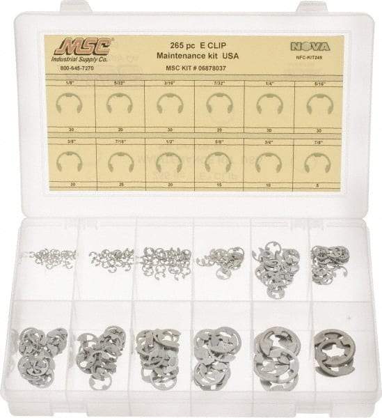 Made in USA - 265 Piece, 1/8 to 7/8", Steel, E Style External Retaining Ring Assortment - Includes Compartmented Case, Specification Labels - Benchmark Tooling