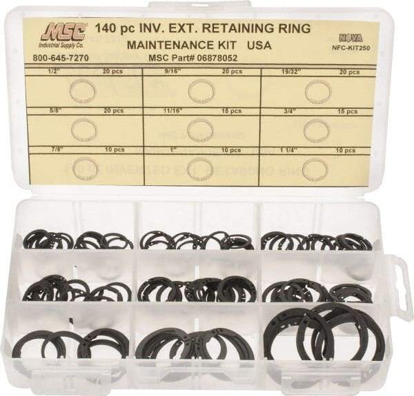 Made in USA - 140 Piece, 1/2 to 1-1/4", SpRing Assortment Steel, Snap External Retaining Ring Assortment - Includes Compartmented Case - Benchmark Tooling