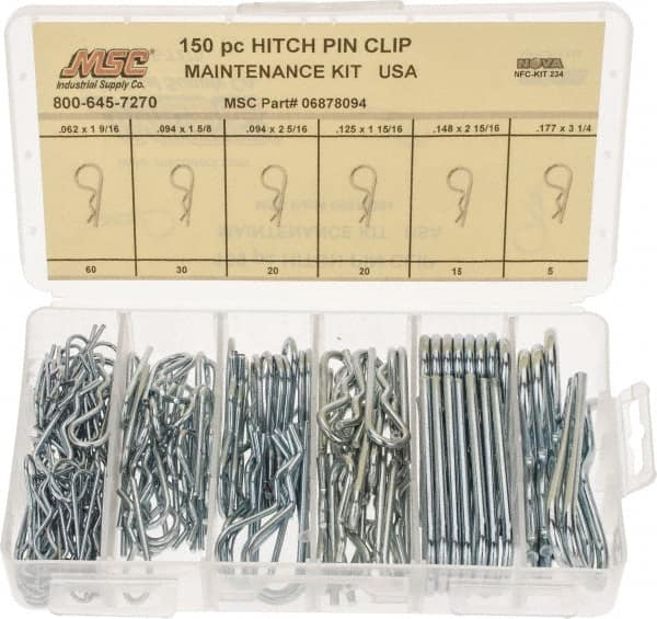 Value Collection - 150 Piece, 1/16 to 3/16" Pin Diam, Hitch Pin Assortment - 1-9/16 to 3-1/4" Long, Spring Steel - Benchmark Tooling