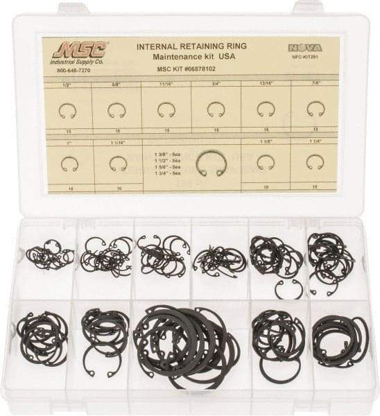 Made in USA - 150 Piece, 1/2 to 1-3/4", SpRing Assortment Steel, Snap Internal Retaining Ring Assortment - Includes Compartmented Case - Benchmark Tooling