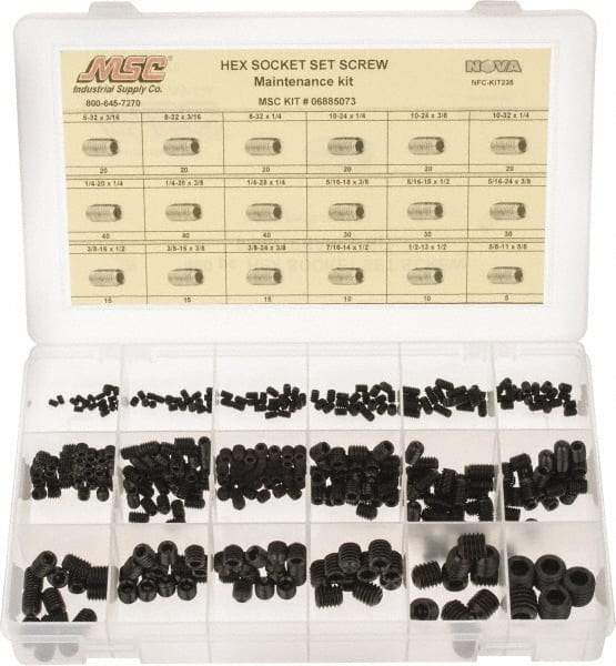 Value Collection - 400 Piece, #6-32 to 5/8-11, Steel Set Screw Assortment - Hex Head, Hex Socket Drive, 3/16 to 5/8" Long - Benchmark Tooling