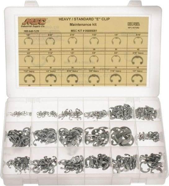 Made in USA - 565 Piece, 1/8 to 3/4", Steel, E Style External Retaining Ring Assortment - Includes Compartmented Case - Benchmark Tooling