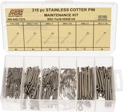 Value Collection - 315 Piece, 1/16 to 1/8" Pin Diam, Cotter Pin Assortment - 3/64 to 5/32" Long, Stainless Steel - Benchmark Tooling