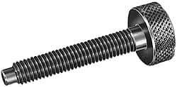Gibraltar - 5/16-18 Knurled Shoulderless Dog Point Tip Grade 12L14 Steel Thumb Screw - 2-3/8" OAL, 1-1/8" Head Diam x 3/8" Head Height, Black Oxide Finish - Benchmark Tooling