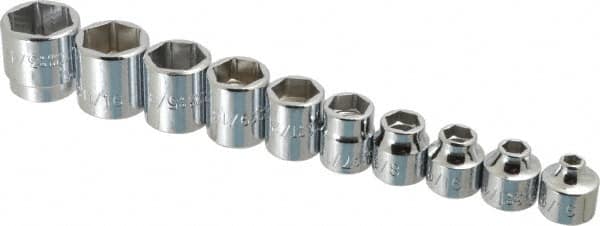 Proto - 10 Piece 3/8" Drive Standard Socket Set - 6 Points, 3/16 to 3/4", Inch Measurement Standard - Benchmark Tooling