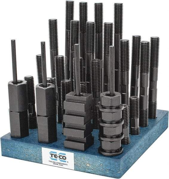 TE-CO - 38 Piece, 5/8-11 Stud, 11/16" T Slot, T Nut & Stud Kit - 1-1/8" T-Slot Nut Width, 3, 4, 5, 6, 7, 8" Stud Lengths - Benchmark Tooling