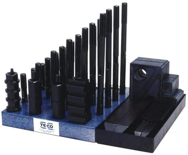 TE-CO - 50 Piece Fixturing Step Block & Clamp Set with 1-1/2" Step Block, 11/16" T-Slot, 1/2-13 Stud Thread - 1-1/8" Nut Width, 3, 4, 5, 6, 7 & 8" Stud Lengths - Benchmark Tooling