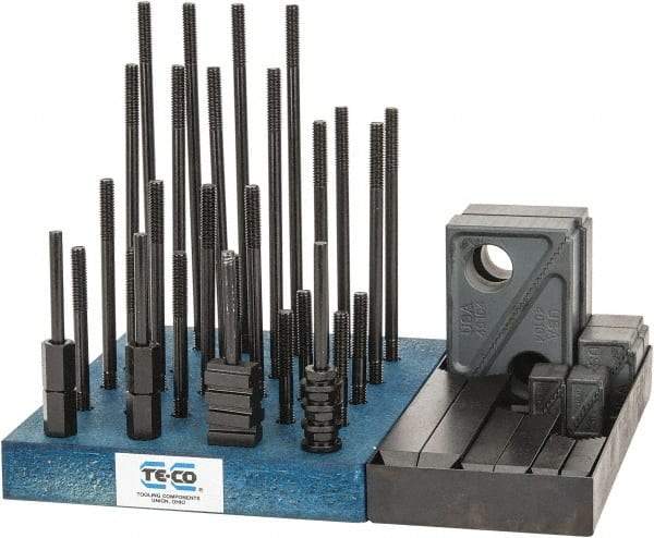 TE-CO - 50 Piece Fixturing Step Block & Clamp Set with 1" Step Block, 3/8" T-Slot, 5/16-18 Stud Thread - 5/8" Nut Width, 3, 4, 5, 6, 7 & 8" Stud Lengths - Benchmark Tooling