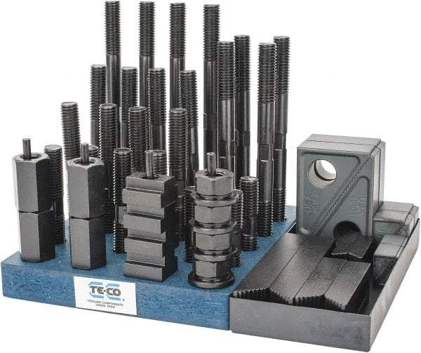 TE-CO - 50 Piece Fixturing Step Block & Clamp Set with 1" Step Block, 11/16" T-Slot, 5/8-11 Stud Thread - 1-1/8" Nut Width, 3, 4, 5, 6, 7 & 8" Stud Lengths - Benchmark Tooling