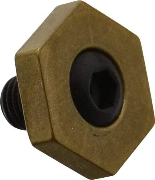 Mitee-Bite - 13/16" Brass Hex, 5/16-24 Stud Thread, Symmetrical Hex Clamp - 3/16" Hex Height, 800 Lb Holding Force, Hardened Steel Stud, 15/32" Long Thread, 8.3 Ft/Lb Torque, 12 Clamps - Benchmark Tooling