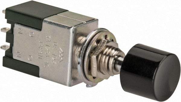 GC/Waldom - 1/4 Inch Mount Hole, Miniature Pushbutton Switch Only - Round, Black Pushbutton, Nonilluminated, Maintained (MA), On-On - Benchmark Tooling