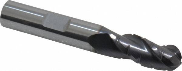 ProMax - 3/8" Diam, 7/8" LOC, 3 Flute Solid Carbide Roughing & Finishing Ball End Mill - AlTiN Finish, 2-1/2" OAL, 3/8" Shank Diam, Weldon Shank, 35° Helix, Centercutting, Regular Length - Benchmark Tooling