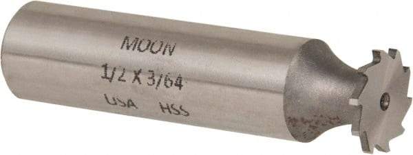 Made in USA - 1/2" Diam x 3/64" Face Width, High Speed Steel, 12 Teeth, Shank Connection Woodruff Keyseat Cutter - Uncoated, 2-1/16" OAL x 1/2" Shank, Straight Teeth - Benchmark Tooling