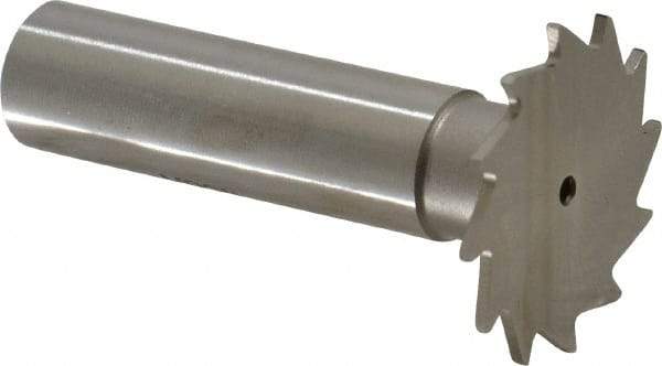 Made in USA - 1-1/8" Diam x 3/64" Face Width, High Speed Steel, 16 Teeth, Shank Connection Woodruff Keyseat Cutter - Uncoated, 2-3/16" OAL x 1/2" Shank, Straight Teeth - Benchmark Tooling