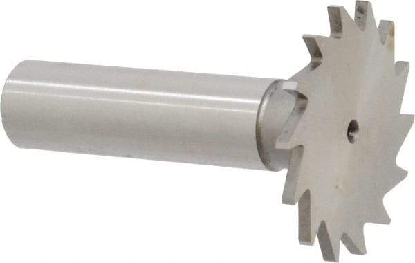 Made in USA - 1-3/8" Diam x 5/64" Face Width, High Speed Steel, 18 Teeth, Shank Connection Woodruff Keyseat Cutter - Uncoated, 2-1/4" OAL x 1/2" Shank, Straight Teeth - Benchmark Tooling