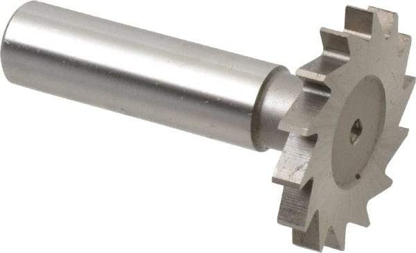 Made in USA - 1-3/8" Diam x 11/64" Face Width, High Speed Steel, 18 Teeth, Shank Connection Woodruff Keyseat Cutter - Uncoated, 2-1/4" OAL x 1/2" Shank, Straight Teeth - Benchmark Tooling