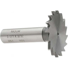 Made in USA - 1-1/2" Diam x 3/32" Face Width, High Speed Steel, 20 Teeth, Shank Connection Woodruff Keyseat Cutter - Uncoated, 2-1/4" OAL x 1/2" Shank, Straight Teeth - Benchmark Tooling