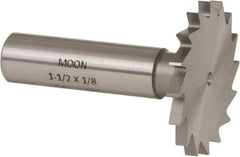 Made in USA - 1-1/2" Diam x 1/8" Face Width, High Speed Steel, 16 Teeth, Shank Connection Woodruff Keyseat Cutter - Uncoated, 2-1/8" OAL x 1/2" Shank, Straight Teeth - Benchmark Tooling