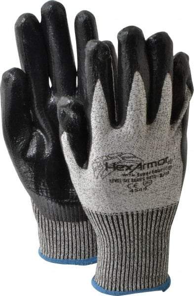 HexArmor - Size M (8), ANSI Cut Lvl A8, Puncture Lvl 5, Nitrile Coated Cut & Puncture Resistant Gloves - Palm & Fingers Coated, SuperFabric/HPPE Lining, Knit Wrist, Gray/Black, Paired - Benchmark Tooling