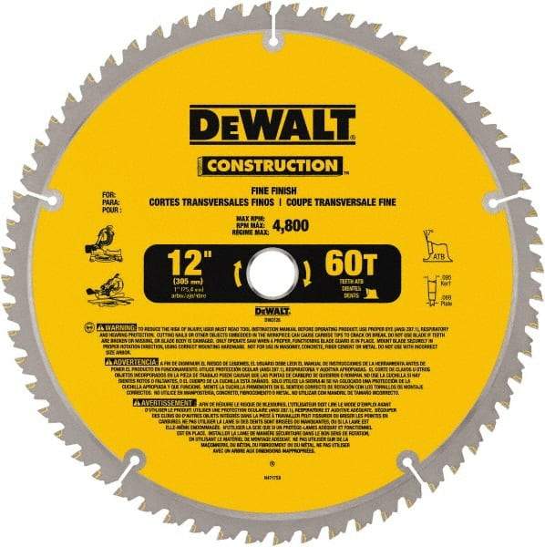 DeWALT - 12" Diam, 1" Arbor Hole Diam, 60 Tooth Wet & Dry Cut Saw Blade - Carbide-Tipped, Fine Finishing Action, Standard Round Arbor - Benchmark Tooling