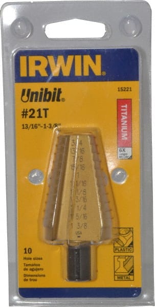 Irwin - 10 Hole Sizes, 13/16 to 1-3/8" Hole Diam High Speed Steel Standard Point Step Drill Bit - Benchmark Tooling